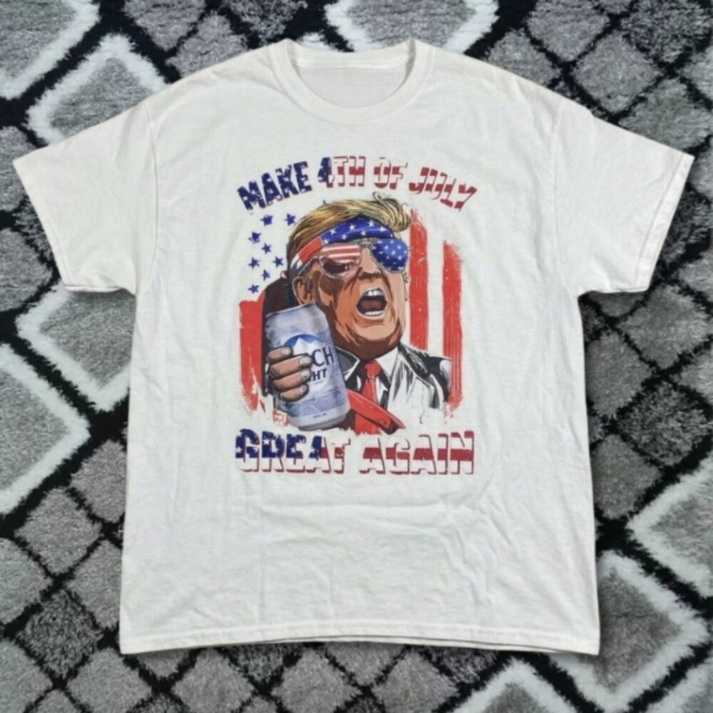 Funny Man Patriotic Beer Graphic T-Shirt White USA Great Again Tee